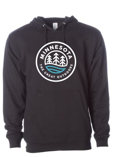 Black hooded sweatshirt with circle Minnesota the great outdoors printed logo with trees and lake