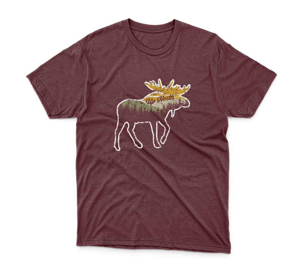 Maroon t-shirt with moose that says Up North