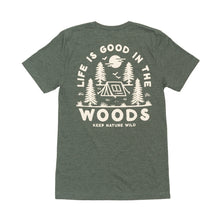 Load image into Gallery viewer, Green t-shirt that says lift is good in the woods with a tent and trees
