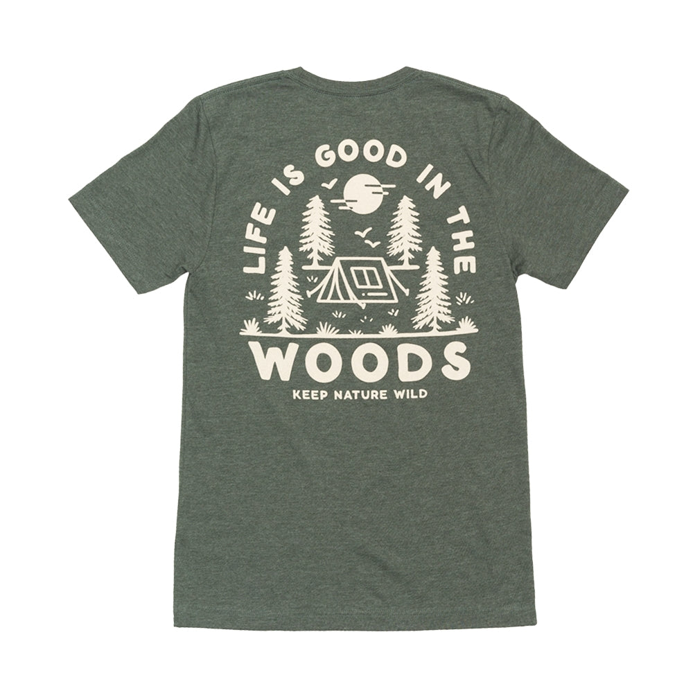 Green t-shirt that says lift is good in the woods with a tent and trees