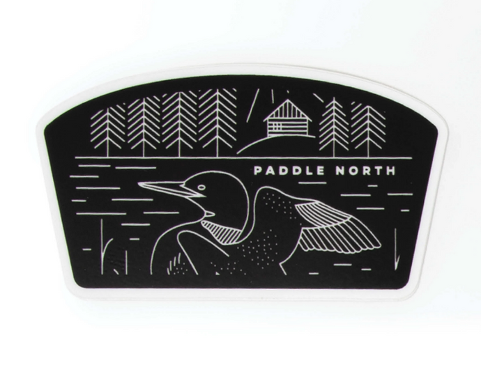 Paddle North loon and cabin sticker