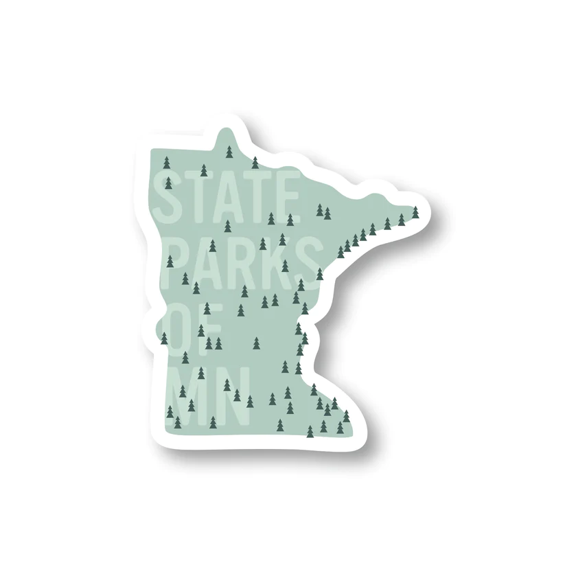 Sticker in the shape of Minnesota that has a tree where state parks are located