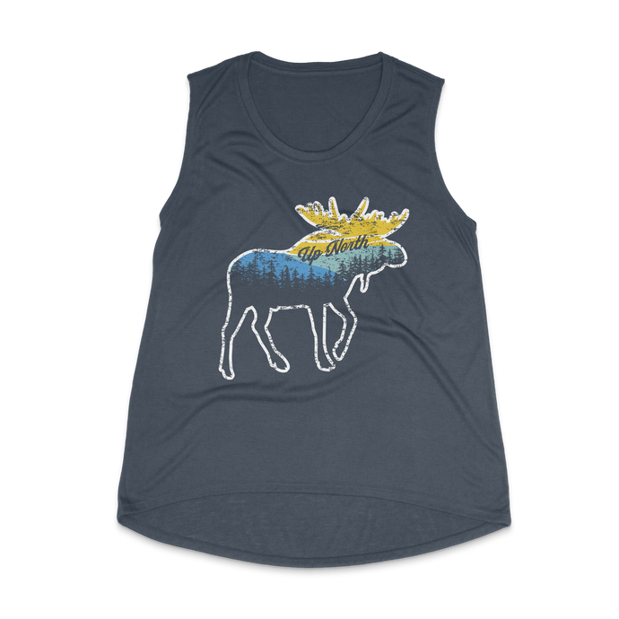 Navy high collar tank top with a moose that says Up North