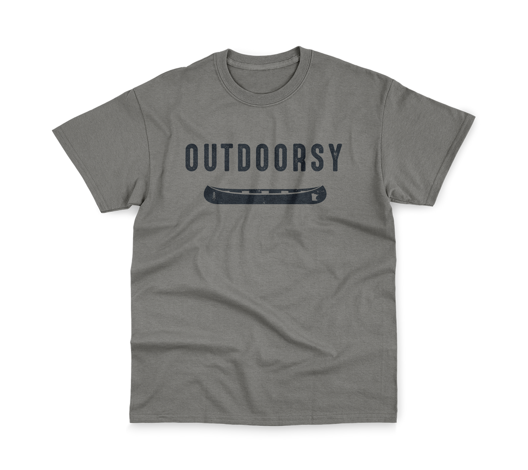 Grey tshirt with blue writing says outdoorsy with a canoe with a Minnesota outline on it