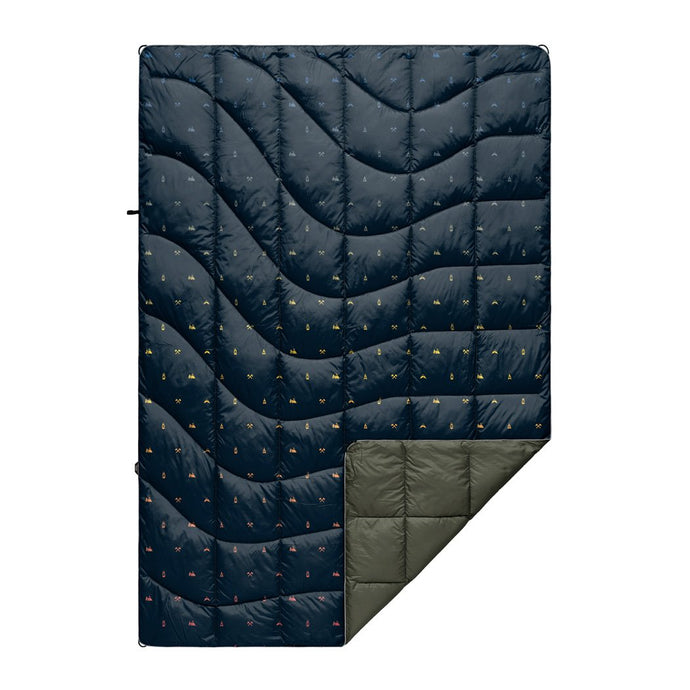 blue outdoor blanket with outdoor icons on it, dark green on other side