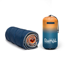 Load image into Gallery viewer, Blue Rumpl blanket rolled up next to bag that fits blanket
