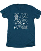 Load image into Gallery viewer, Blue t-shirt that has a bunch of fishing gear on the design
