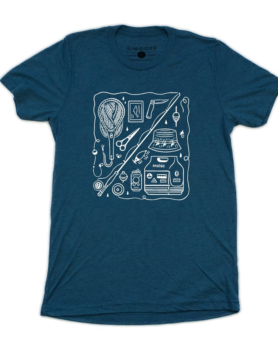 Blue t-shirt that has a bunch of fishing gear on the design