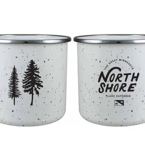 White North shore tree mug. Shows front and back
