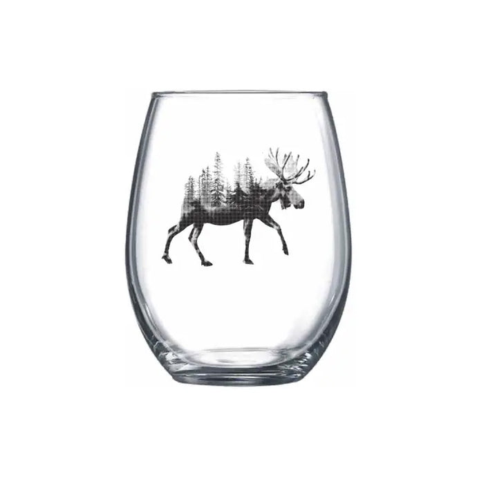 Stemless wine glass with moose and trees