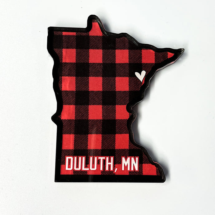 Duluth, Minnesota magnet in buffalo plaid with heart where Duluth is