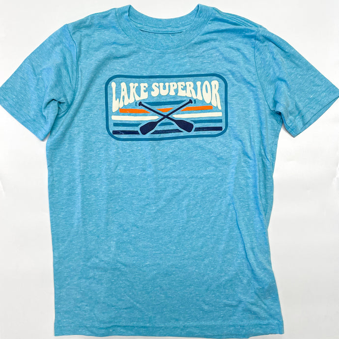 Blue youth tshirt that says Lake Superior and then has cross paddles