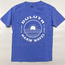 Load image into Gallery viewer, Blue Duluth t-shirt that says makin&#39; waves
