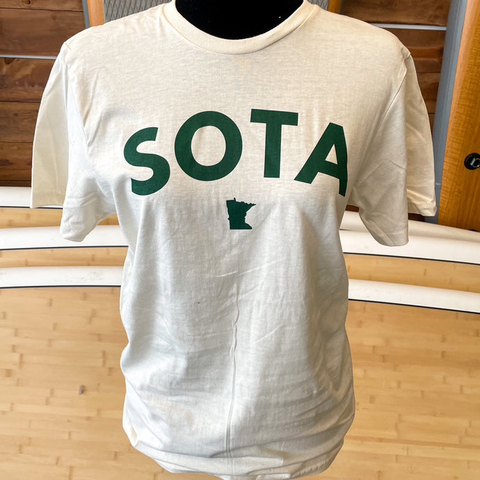 Cream t-shirt with green Sota lettering and Minnesota outline