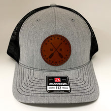 Load image into Gallery viewer, Grey and black hat with leather cross paddle MN patch
