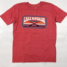 Load image into Gallery viewer, Red youth tshirt that says Lake Superior and then has canoe paddles crossing
