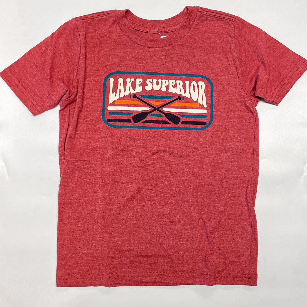 Red youth tshirt that says Lake Superior and then has canoe paddles crossing