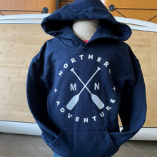 Load image into Gallery viewer, Navy hooded sweatshirt that says Northern Adventure with MN and cross paddles
