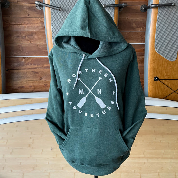 Green hooded sweatshirt with Northern adventure cross paddle logo in white