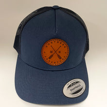 Load image into Gallery viewer, Navy hat that has leather patch that says Northern Adventure
