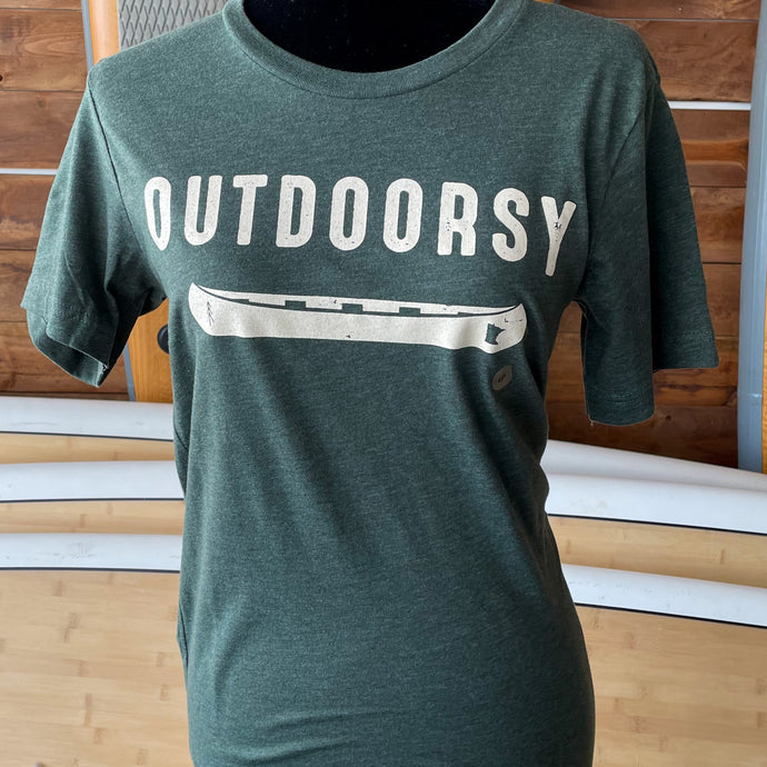 Green tshirt with cream lettering that says outdoorsy with a canoe and a minnesota logo on it