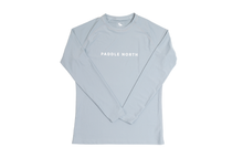 Load image into Gallery viewer, cool grey paddle shirt front that says paddle north in white
