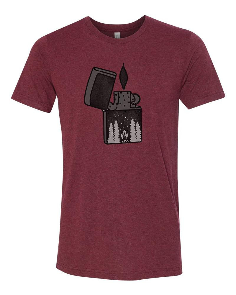 maroon t-shirt with lighter and campfire design
