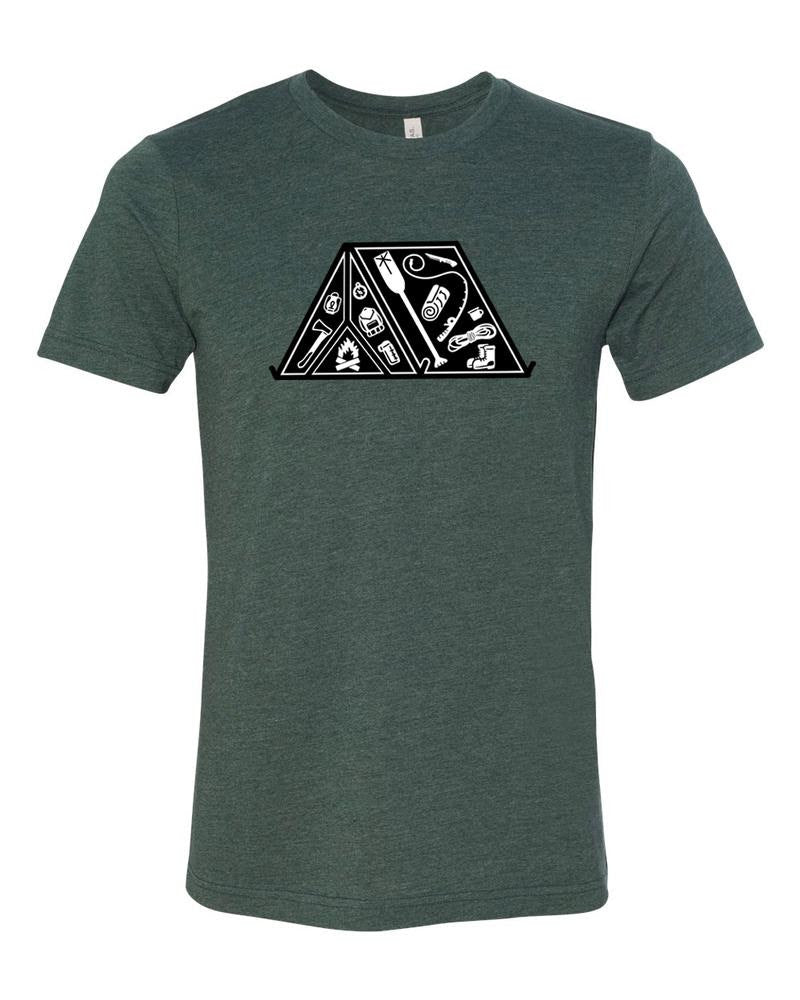 Green camp t-shirt shows tent and camping icons inside of tent