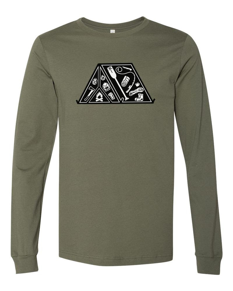 Green long sleeve with tent. Inside tent is a bunch of camping gear icons