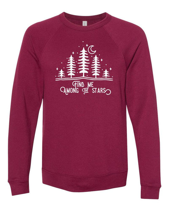 Maroon sweatshirt that says find me among the stars with tree and star design